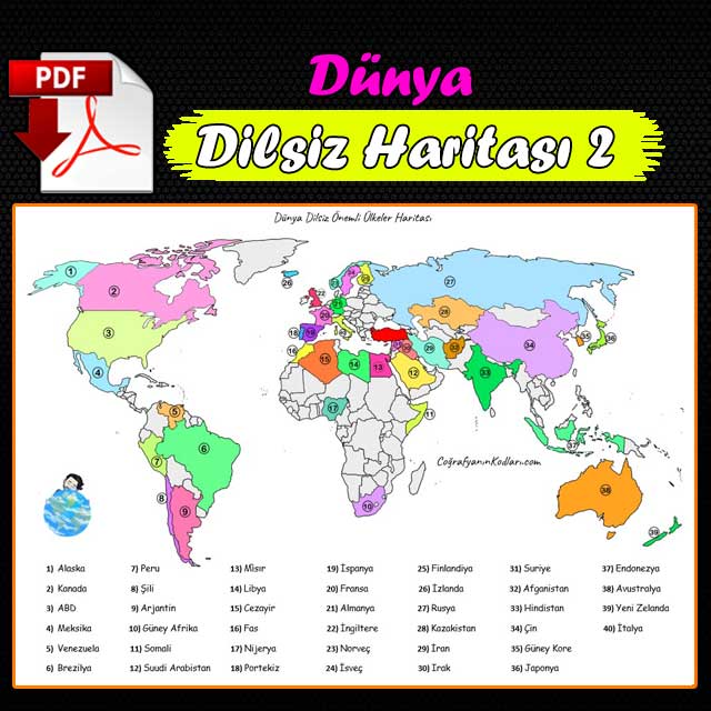 Dünya Dilsiz Haritası 3 Önemli Ülkeler - Renkli